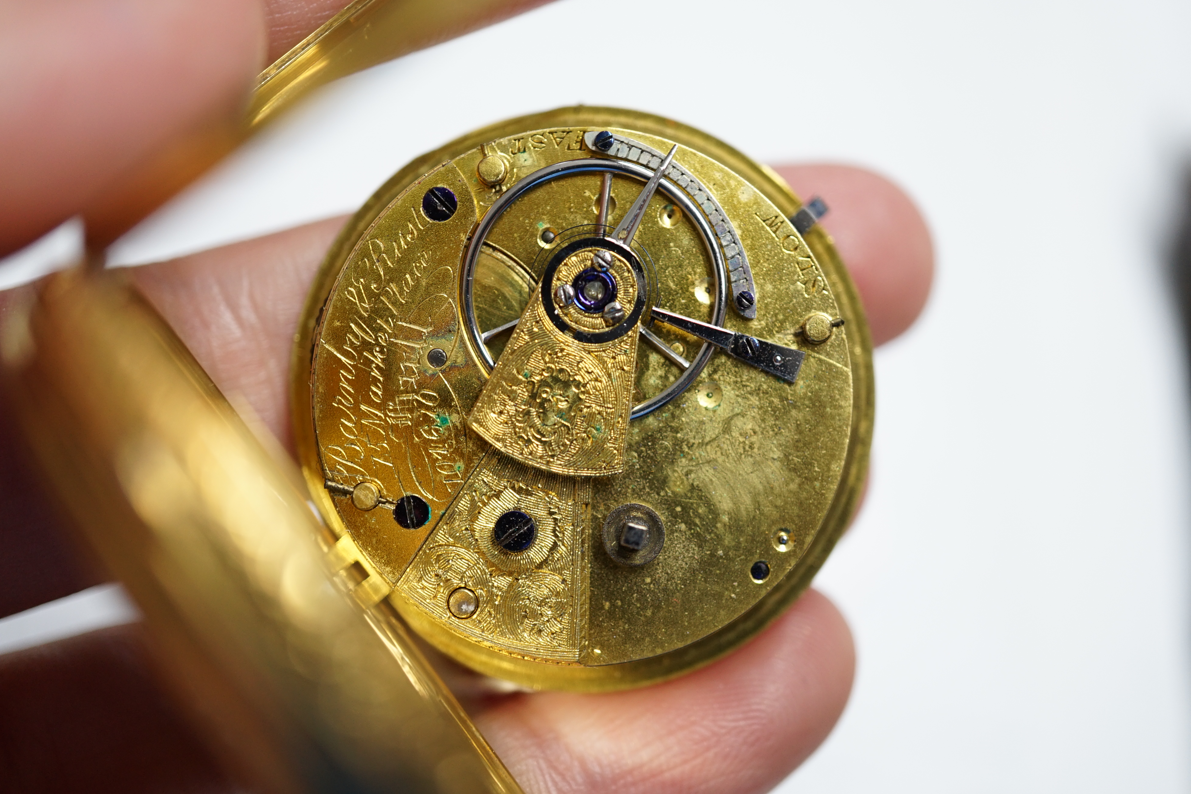 A Victorian 18ct gold open face keywind fob watch by Barnby & Rust of Hull